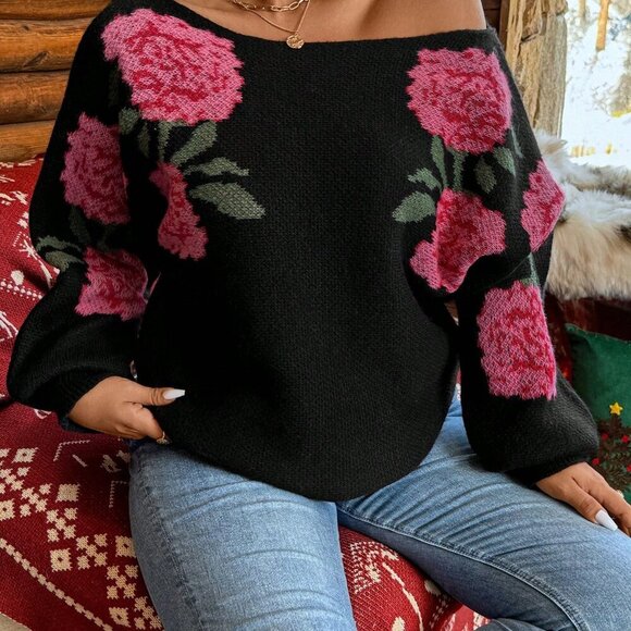 Multicolor Casual Women's Patchwork Long Sleeve Floral Print Pullover Sweater - Picture 4 of 7